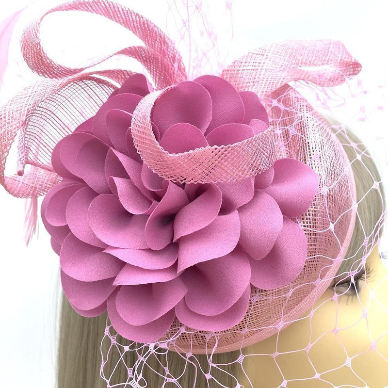 Lilac & Taffy Pink Pillbox Fascinator Hat with Dahlia Flower & Net