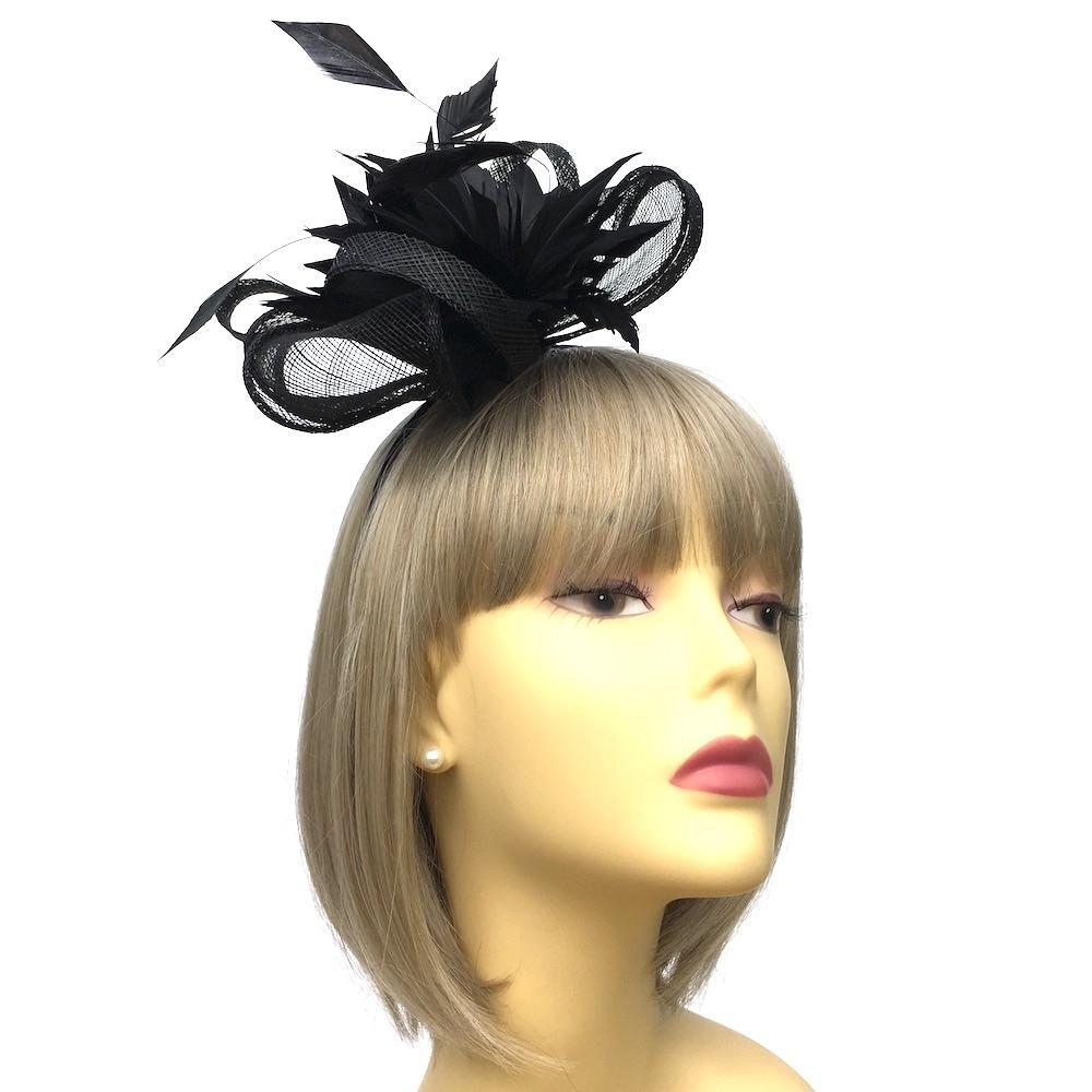 Looped Mesh &amp; Feather Flower Fascinator - Black-Fascinators Direct