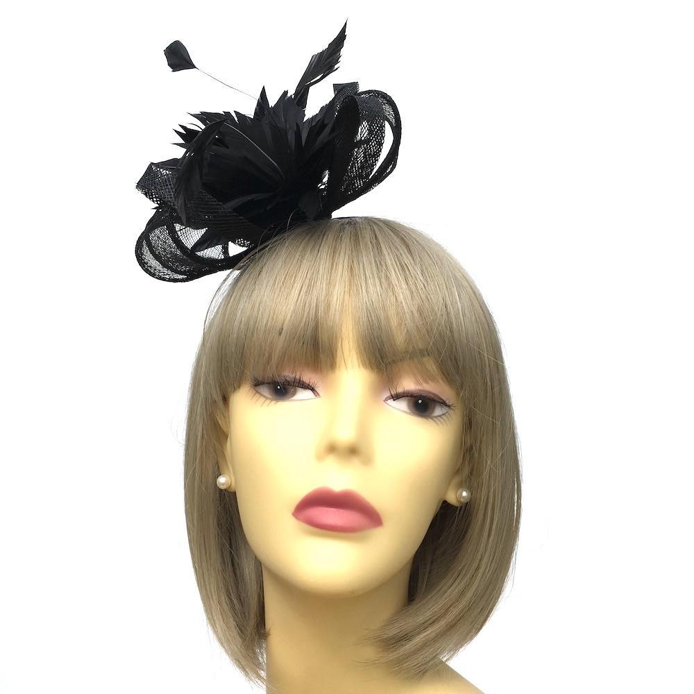 Looped Mesh &amp; Feather Flower Fascinator - Black-Fascinators Direct