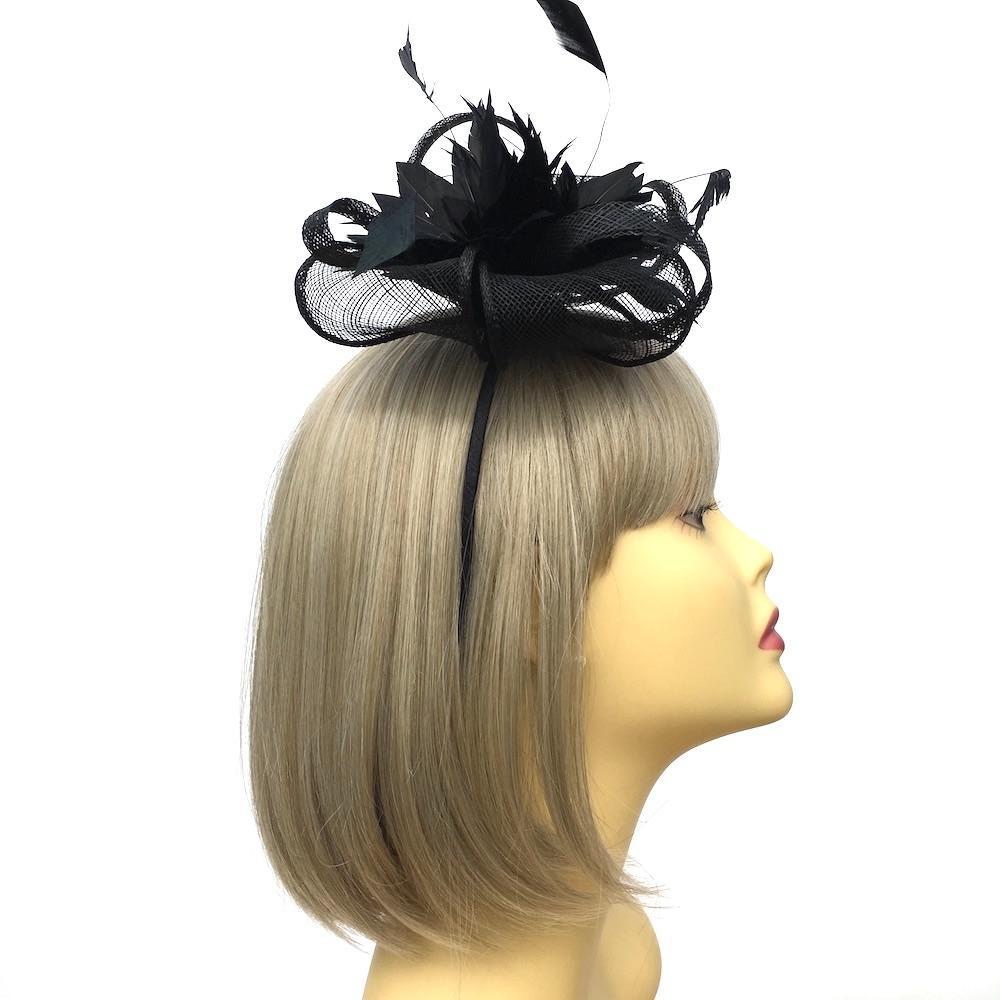Looped Mesh &amp; Feather Flower Fascinator - Black-Fascinators Direct