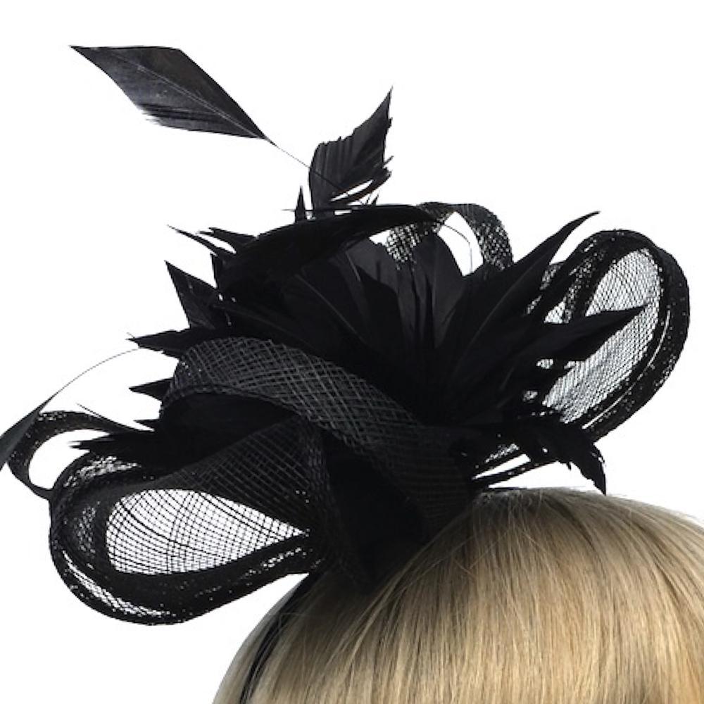 Looped Mesh &amp; Feather Flower Fascinator - Black-Fascinators Direct