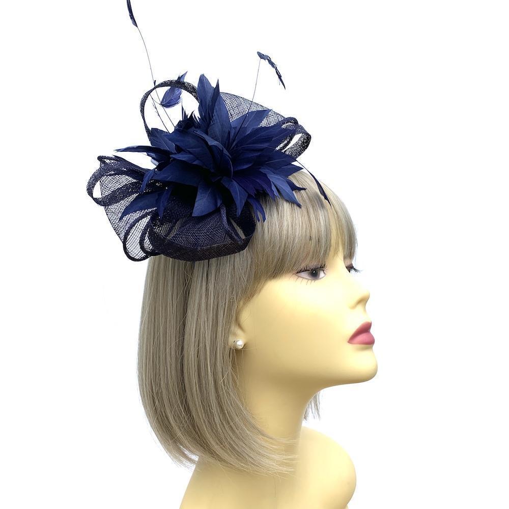 Looped Mesh &amp; Feather Flower Fascinator - Navy-Fascinators Direct