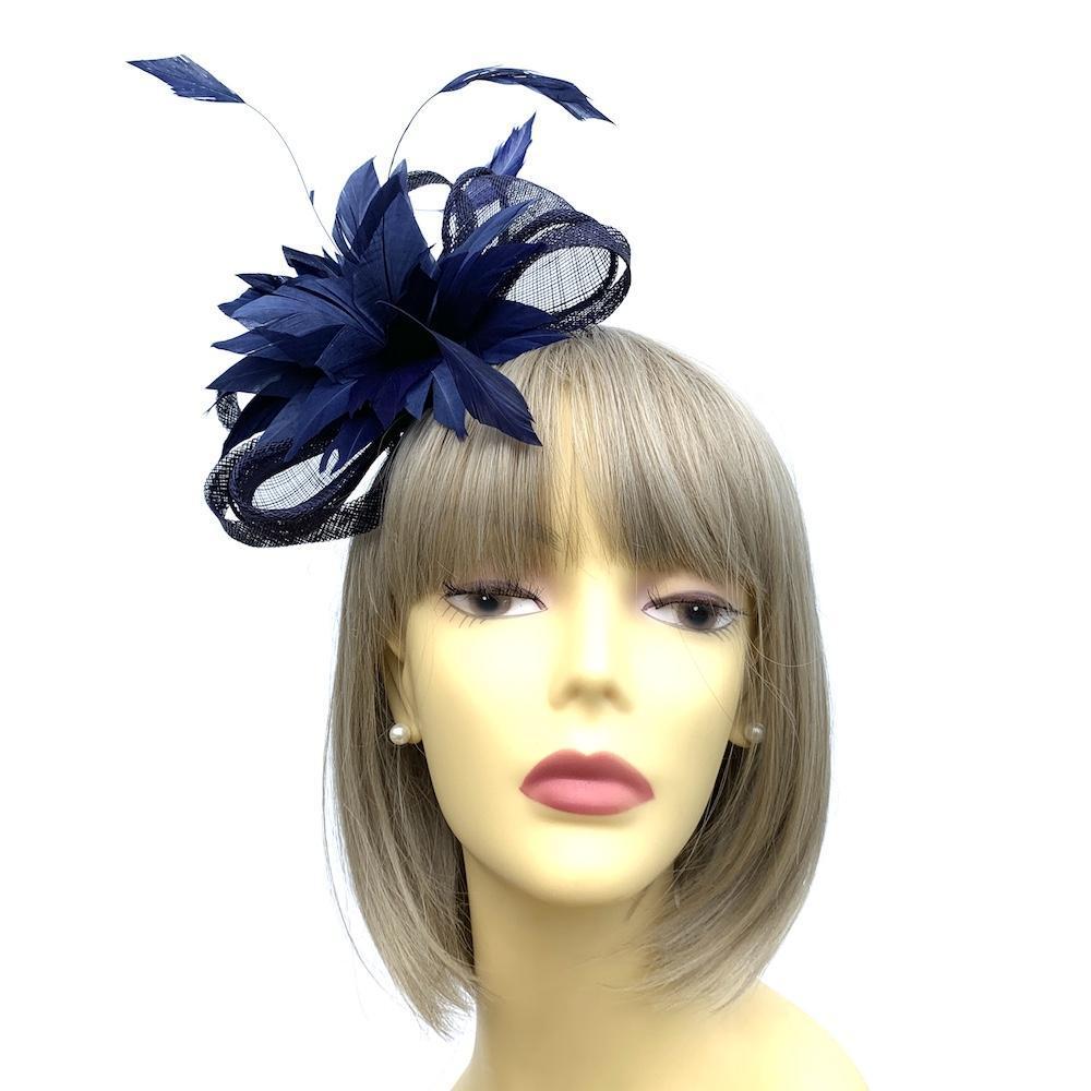 Looped Mesh &amp; Feather Flower Fascinator - Navy-Fascinators Direct