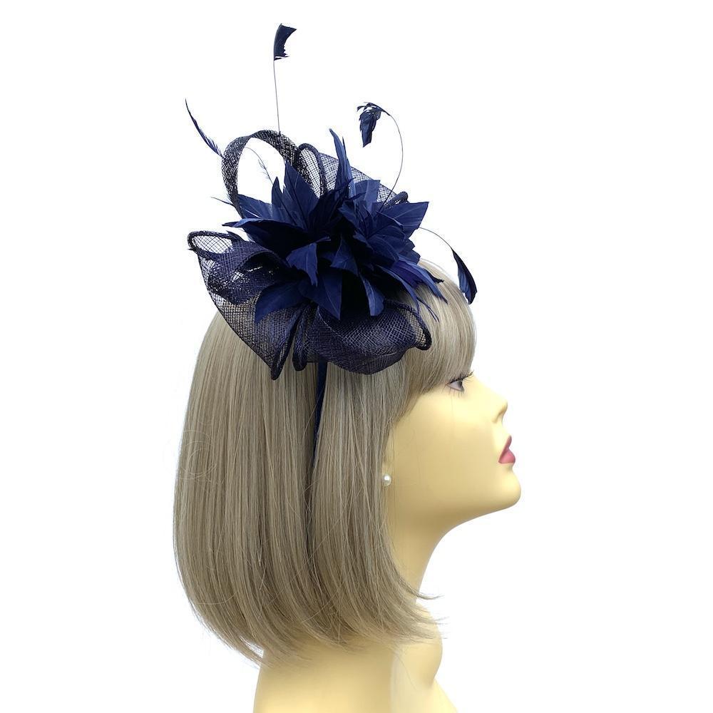 Looped Mesh &amp; Feather Flower Fascinator - Navy-Fascinators Direct