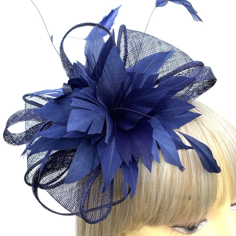 Looped Mesh &amp; Feather Flower Fascinator - Navy-Fascinators Direct