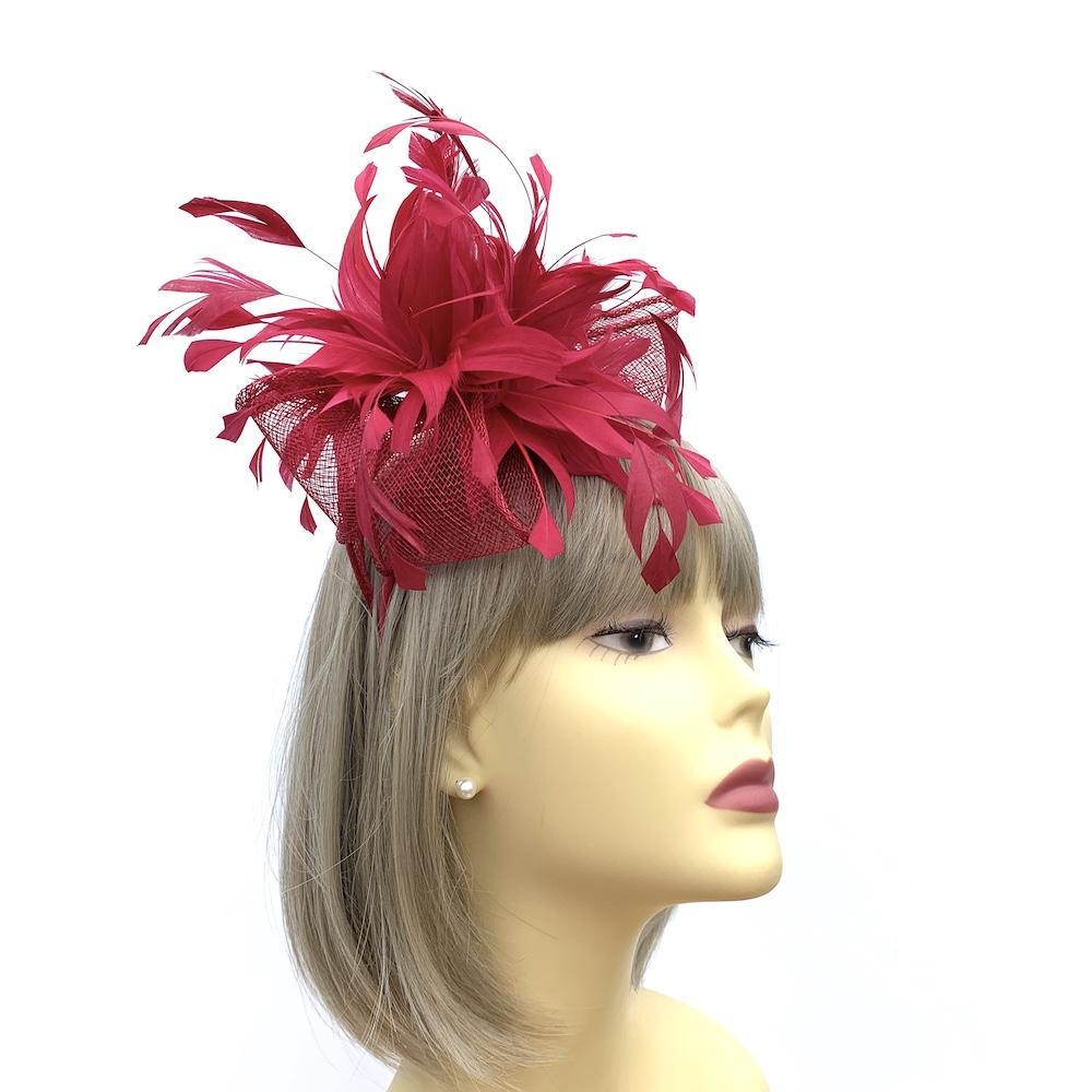 Looped Sinamay & Feathers Berry Red Fascinator-Fascinators Direct