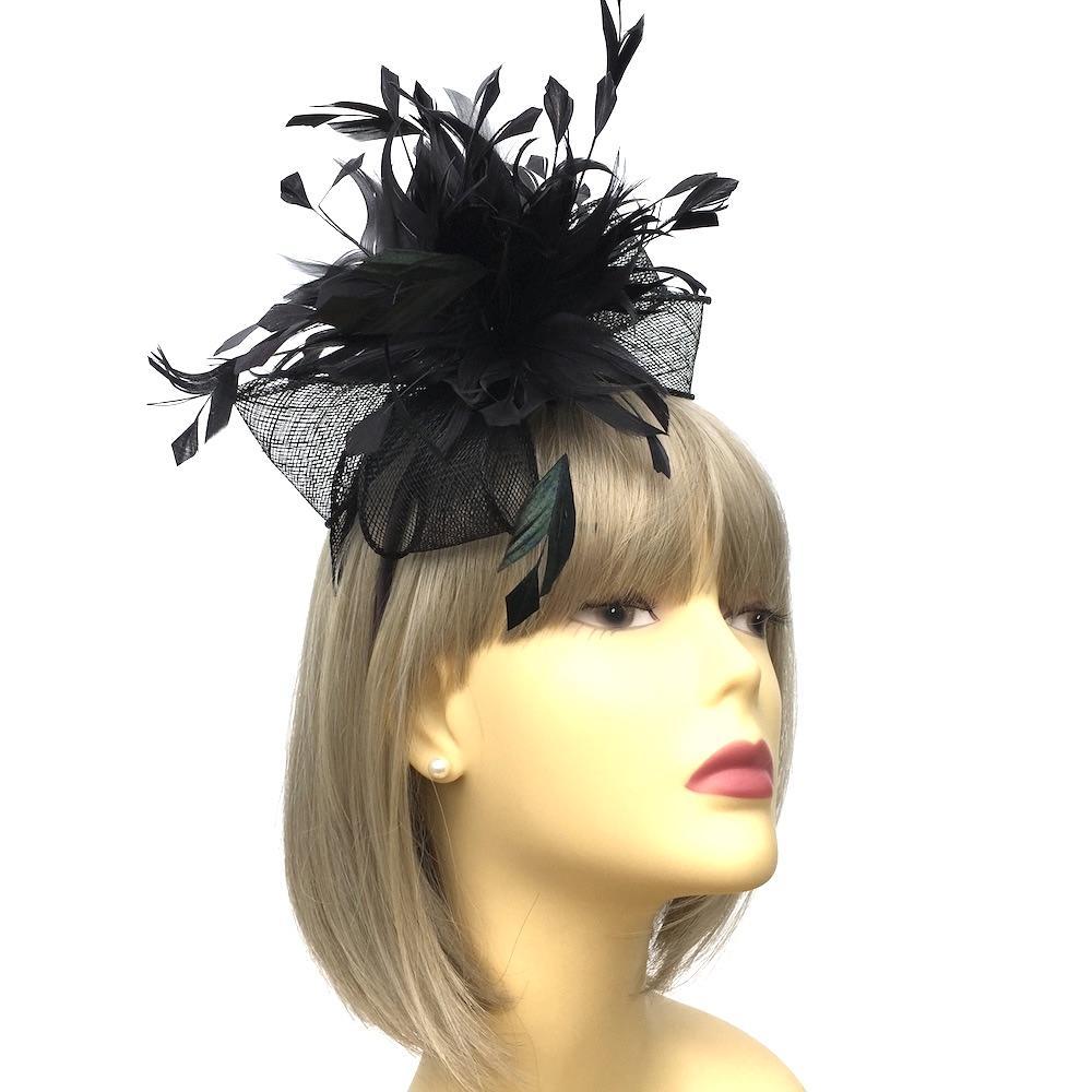 Looped Sinamay &amp; Feathers Black Fascinator-Fascinators Direct