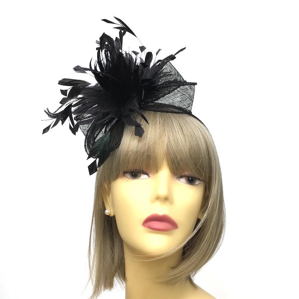 Looped Sinamay &amp; Feathers Black Fascinator-Fascinators Direct