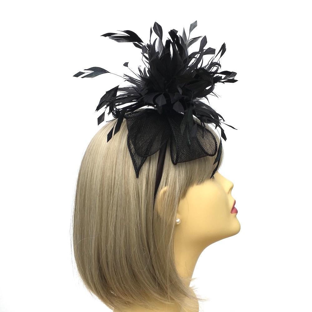 Looped Sinamay &amp; Feathers Black Fascinator-Fascinators Direct