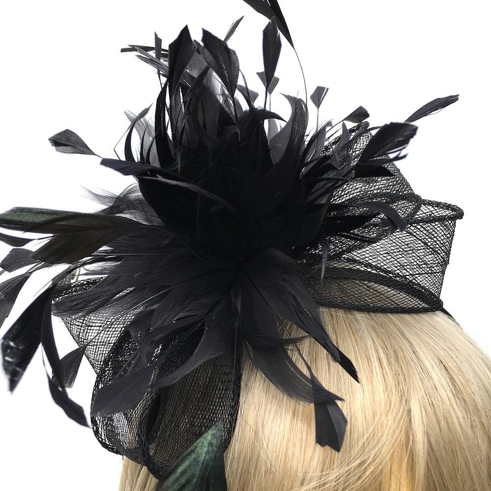 Looped Sinamay &amp; Feathers Black Fascinator-Fascinators Direct