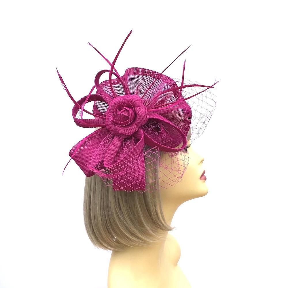 Magenta Fascinator Headband with Fluted Sinamay, Feathers & Net-Fascinators Direct