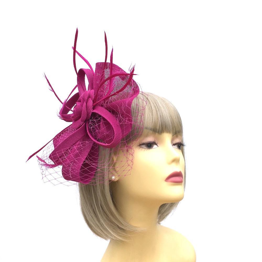 Magenta Fascinator Headband with Fluted Sinamay, Feathers &amp; Net-Fascinators Direct