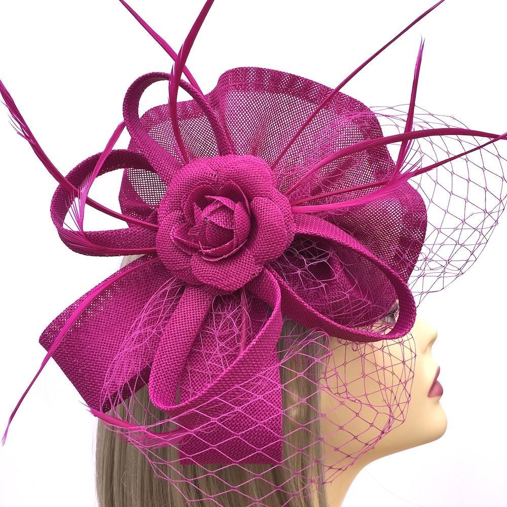 Magenta Fascinator Headband with Fluted Sinamay, Feathers &amp; Net-Fascinators Direct