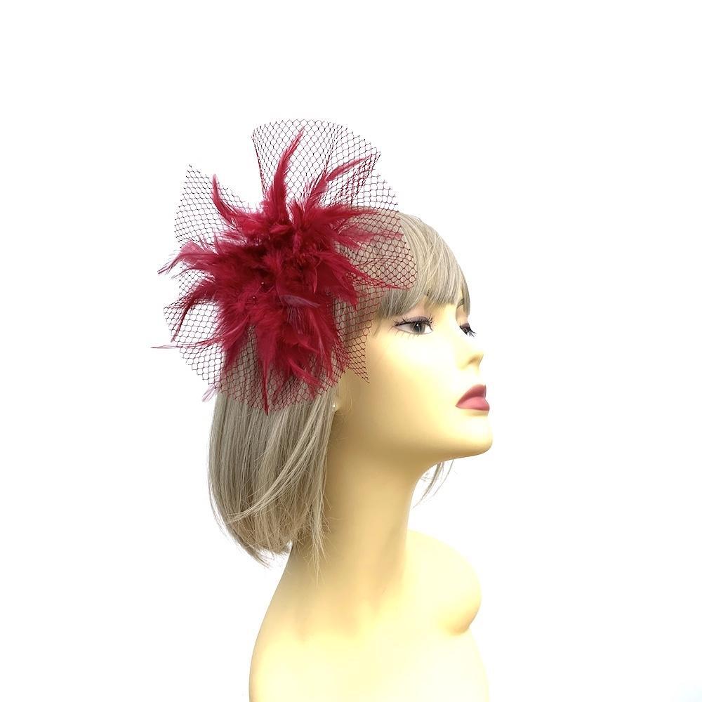 Maroon Fascinator Clip with Feather Flower & Netting-Fascinators Direct