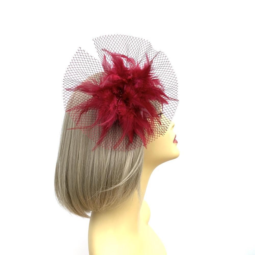 Maroon Fascinator Clip with Feather Flower &amp; Netting-Fascinators Direct