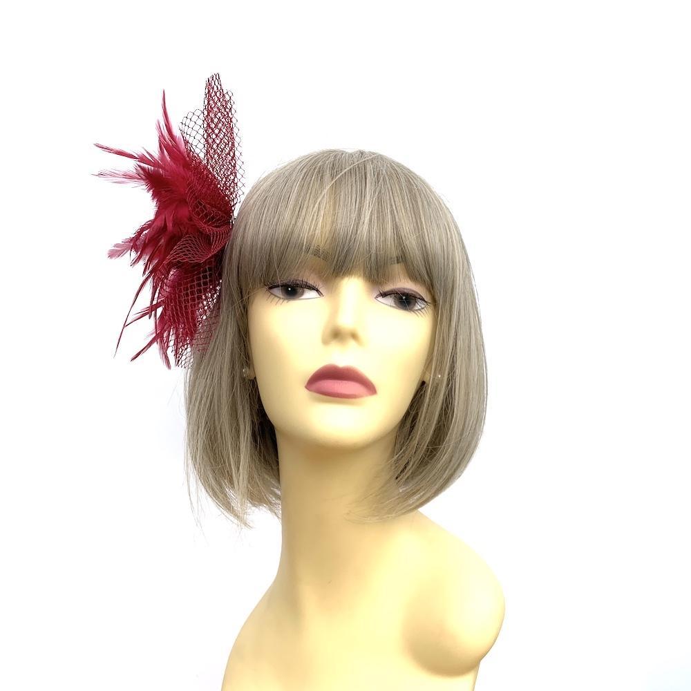 Maroon Fascinator Clip with Feather Flower &amp; Netting-Fascinators Direct