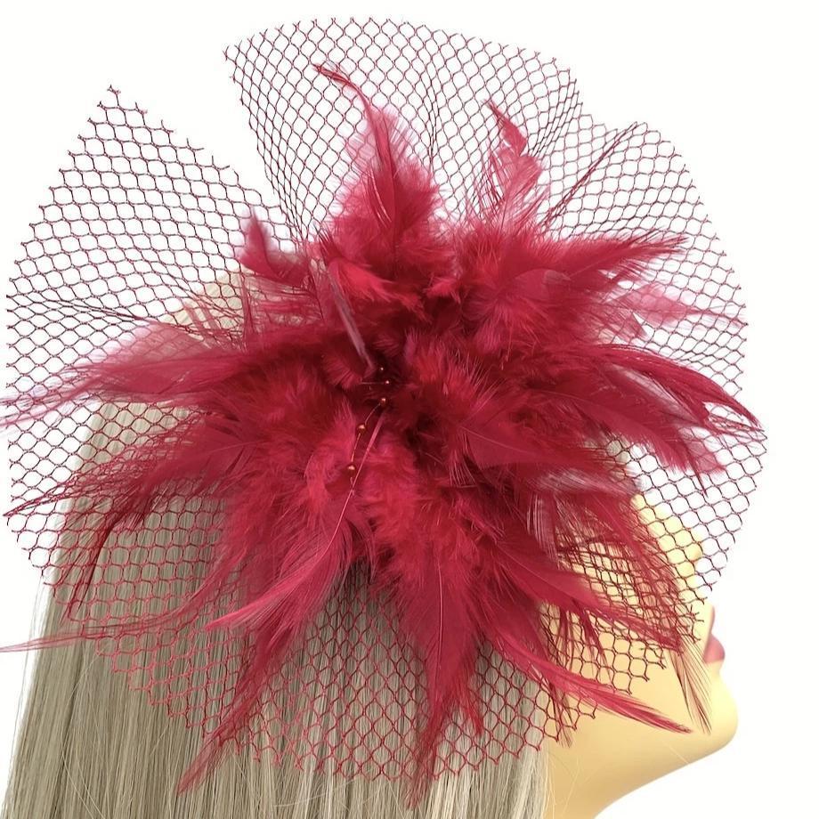 Maroon Fascinator Clip with Feather Flower &amp; Netting-Fascinators Direct
