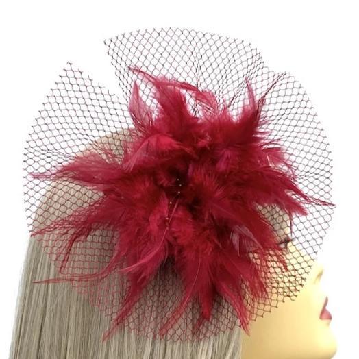 Maroon Fascinator Clip with Feather Flower &amp; Netting-Fascinators Direct