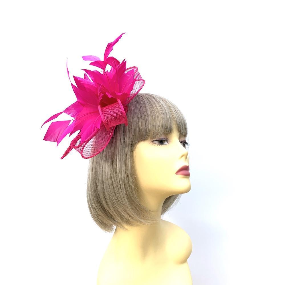 Millinery by Michelle Fuchsia Fascinator Flower with Feathers & Sinamay-Fascinators Direct