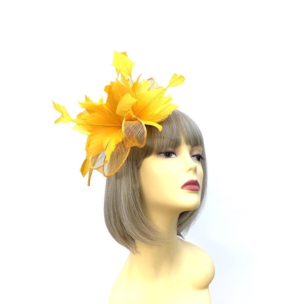 Millinery by Michelle Golden Yellow Fascinator Flower with Feathers & Sinamay-Fascinators Direct