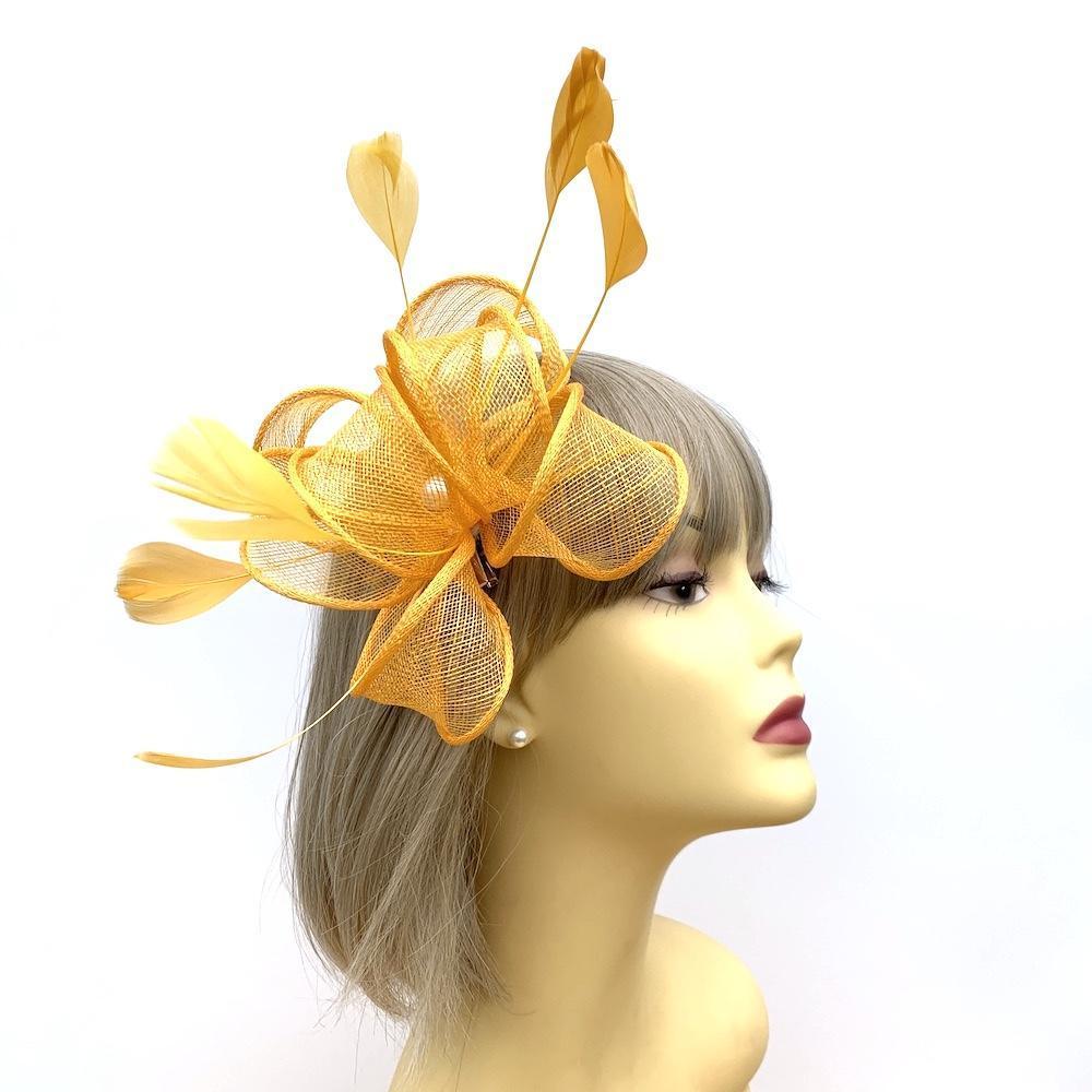 Mustard Fascinator for Weddings with Hoops & Feathers-Fascinators Direct