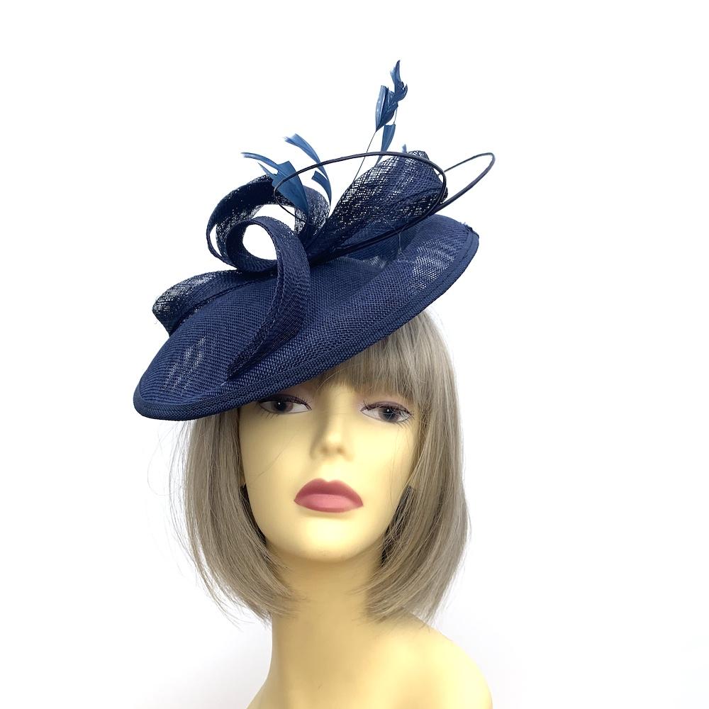 Navy Fascinator Hat with Twin Quills &amp; Sinamay Loops-Fascinators Direct
