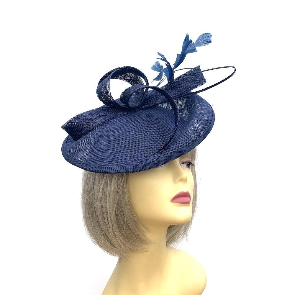 Navy Fascinator Hat with Twin Quills &amp; Sinamay Loops-Fascinators Direct