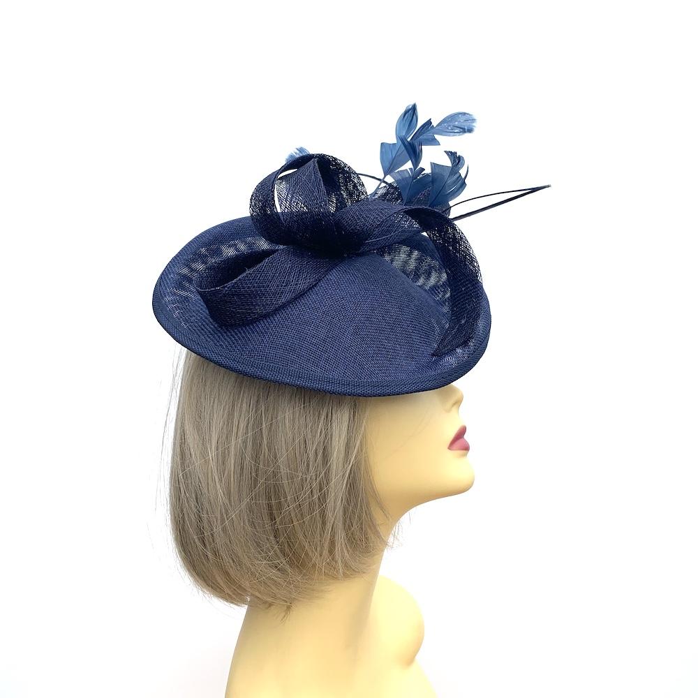 Navy Fascinator Hat with Twin Quills &amp; Sinamay Loops-Fascinators Direct