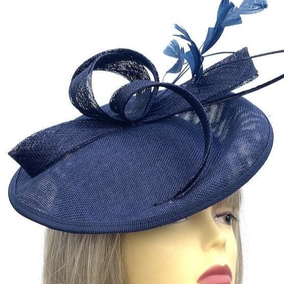 Navy Fascinator Hat with Twin Quills &amp; Sinamay Loops-Fascinators Direct