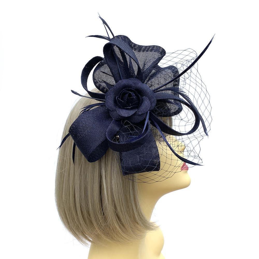 Navy Fascinator Headband with Fluted Sinamay, Feathers & Net-Fascinators Direct