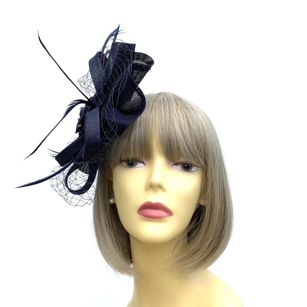 Navy Fascinator Headband with Fluted Sinamay, Feathers &amp; Net-Fascinators Direct