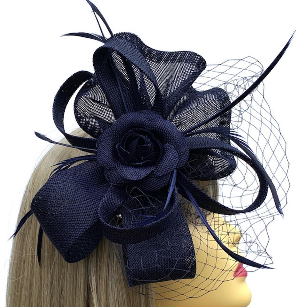 Navy Fascinator Headband with Fluted Sinamay, Feathers &amp; Net-Fascinators Direct
