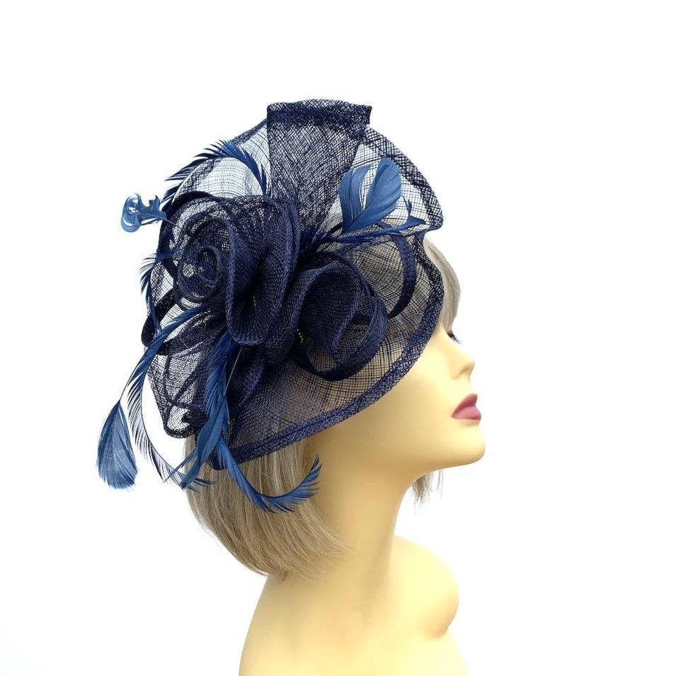 Navy Fascinator with Layered Sinamay &amp; Feathers-Fascinators Direct
