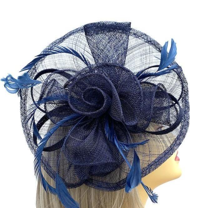 Navy Fascinator with Layered Sinamay &amp; Feathers-Fascinators Direct
