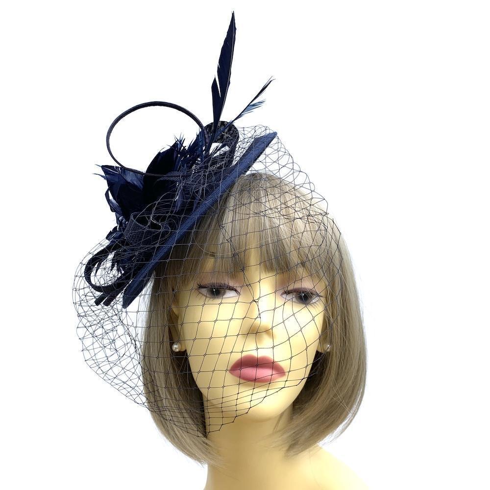 Navy Fascinator with Veil &amp; Feather Quill-Fascinators Direct