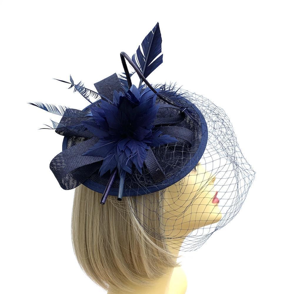 Navy Fascinator with Veil &amp; Feather Quill-Fascinators Direct