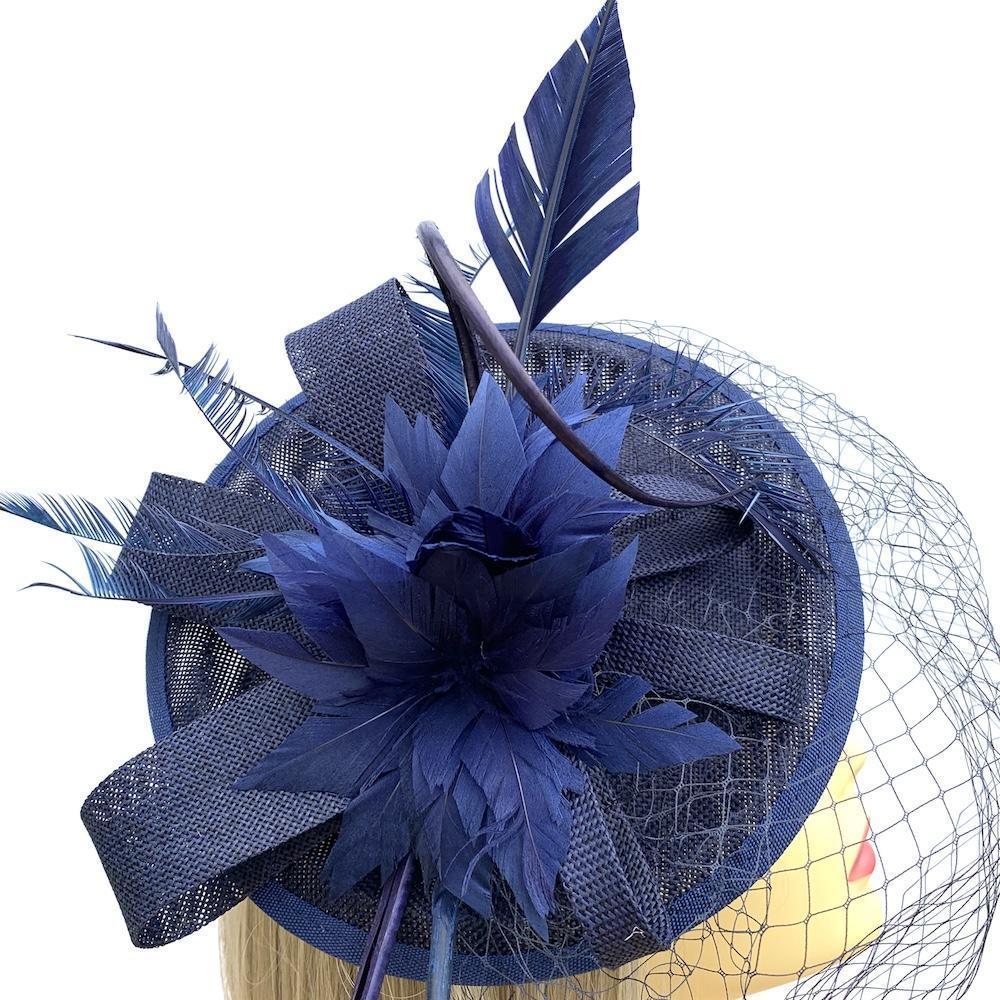 Navy Fascinator with Veil &amp; Feather Quill-Fascinators Direct