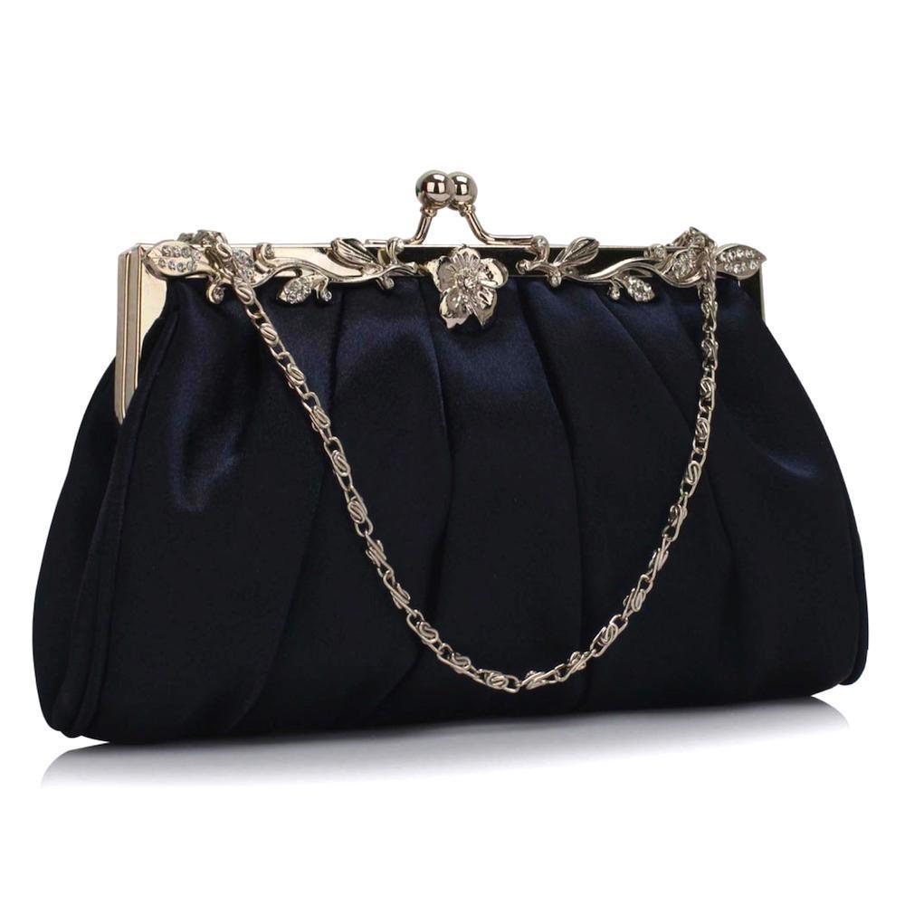 Vintage Style Navy Satin Clutch Bag with Diamante Flower
