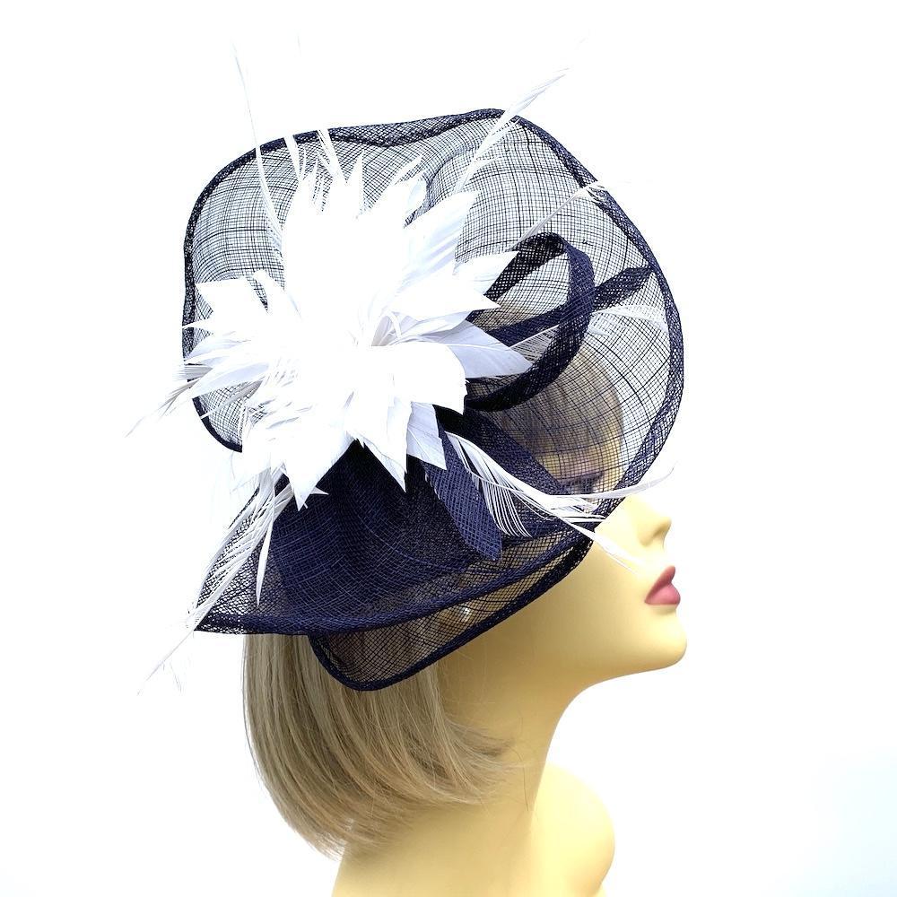 Navy &amp; White Fascinator on Comb with Feather Flower-Fascinators Direct