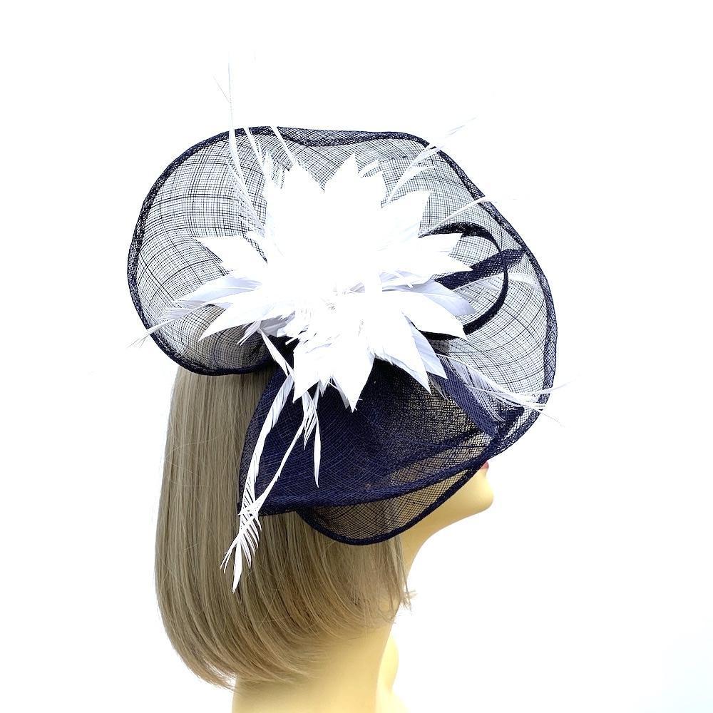 Navy &amp; White Fascinator on Comb with Feather Flower-Fascinators Direct