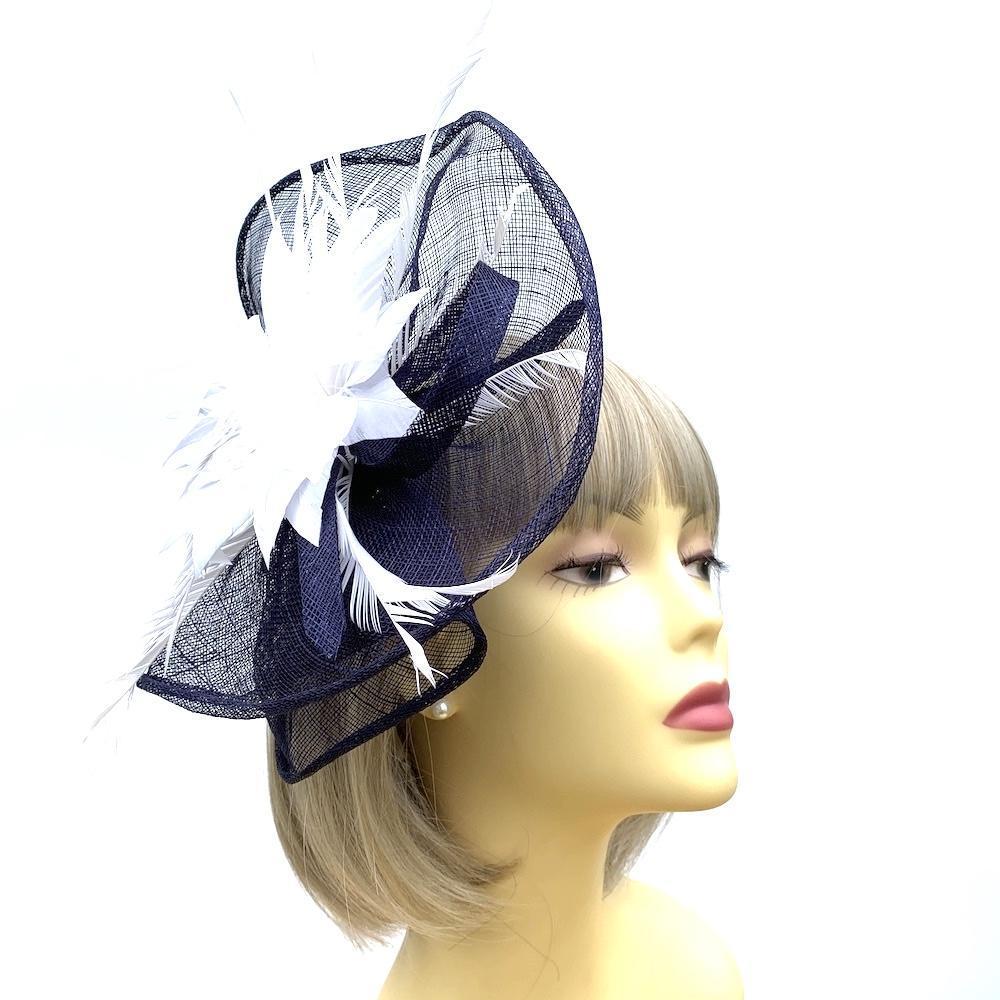 Navy &amp; White Fascinator on Comb with Feather Flower-Fascinators Direct