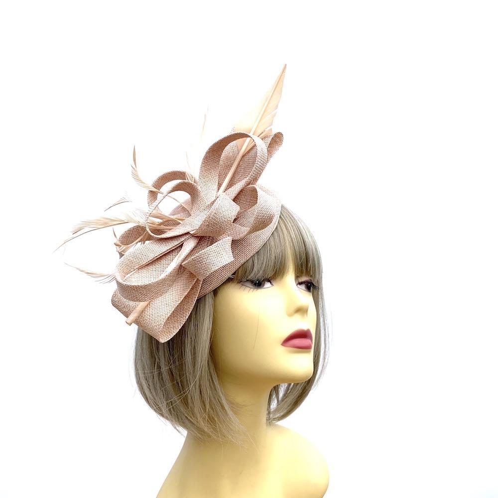 Nude Pillbox Fascinator Hat with Feather Quill and Sinamay Loops-Fascinators Direct