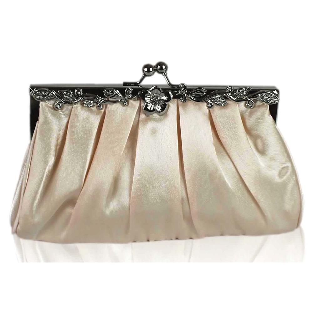 Nude Satin Clutch Bag with Diamante Flower-Fascinators Direct