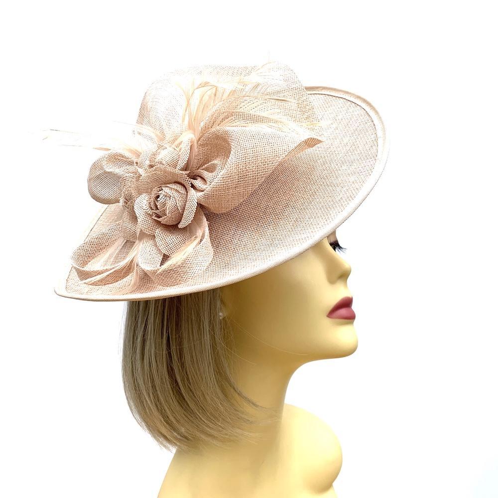 Nude Saucer Hatinator with Ruched Sinamay, Flowers & Feathers-Fascinators Direct