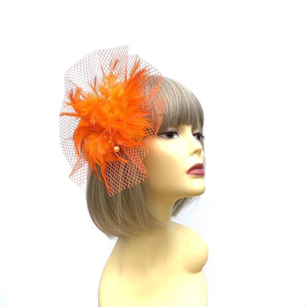 Orange Fascinator Clip with Feather Flower & Netting-Fascinators Direct