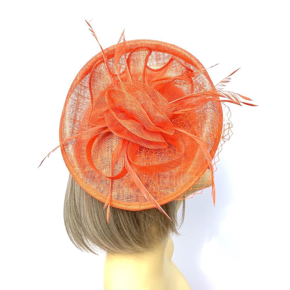Orange Fascinator Hat with Feathers and Scalloped Sinamay Detailing-Fascinators Direct