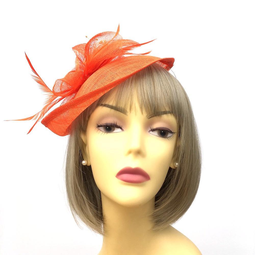 Orange Fascinator Hat with Mesh Flower & Feathers-Fascinators Direct