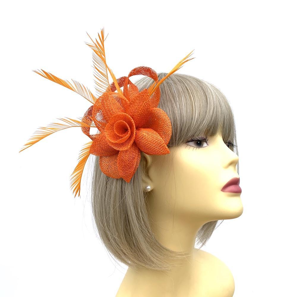 Orange Flower Fascinator Clip with Feathers-Fascinators Direct