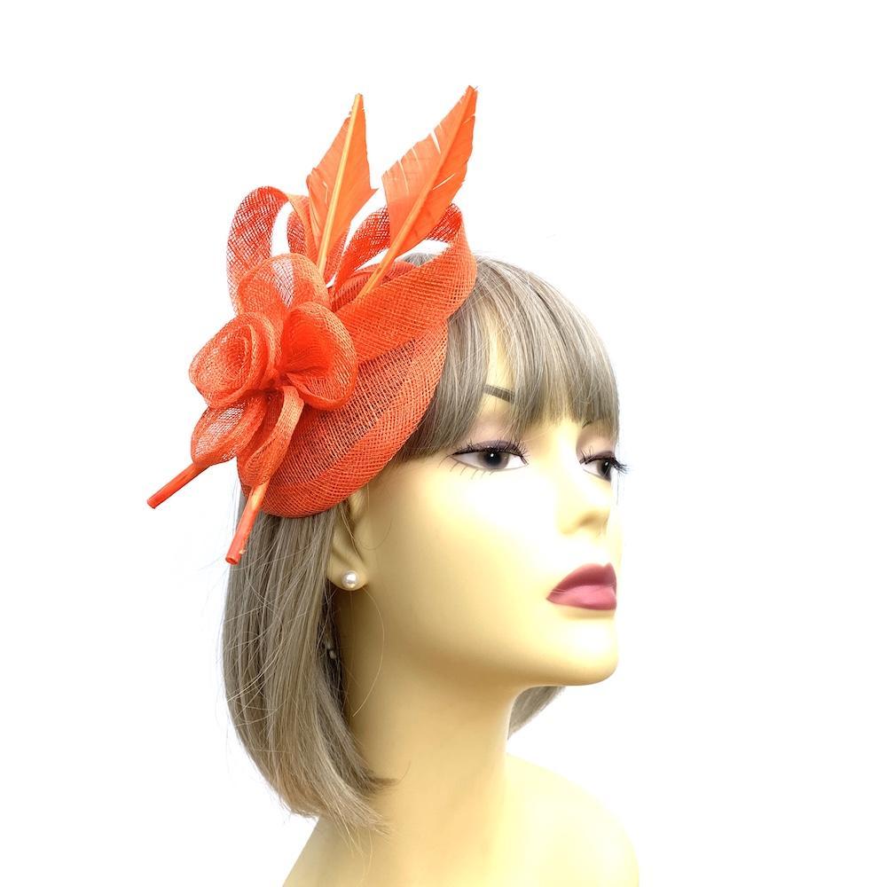Orange Hair Fascinator with Sinamay Flower & Feather Quill-Fascinators Direct