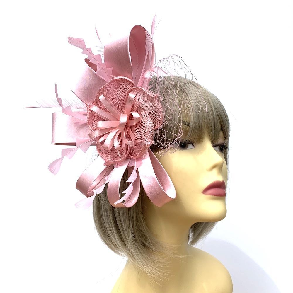 Pale Pink Fascinator Clip with Flower & Satin Loops-Fascinators Direct